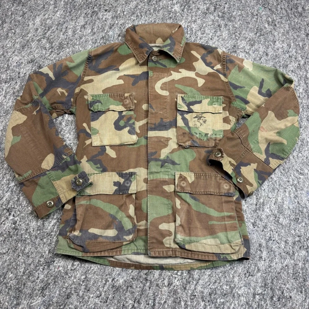 USMC Woodland Camo Combat Jacket Military Utility Shirt Eagle Globe Anchor XS